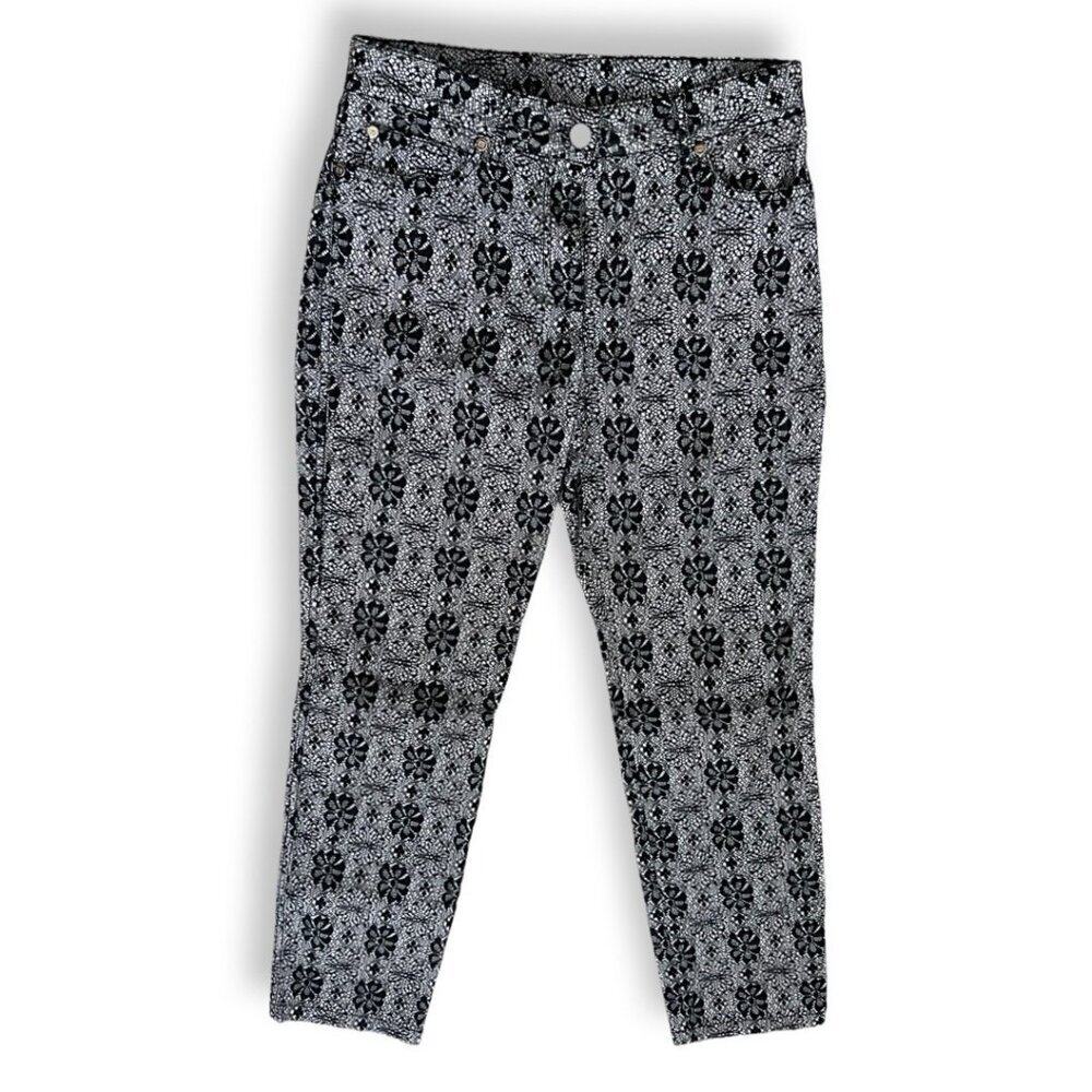 Escada Lace Print Floral Black White Pants Jeans Size 38